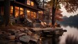 an elegant picture of a lakeside cabin with a stone fireplace