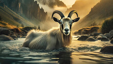 A Big Horn Ram Cooling Off In A Mountain Stream