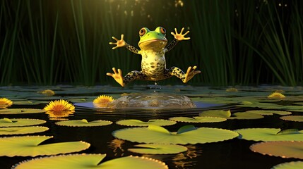 Wall Mural - A frog leaping mid-air across vibrant lily pads in a sunlit pond