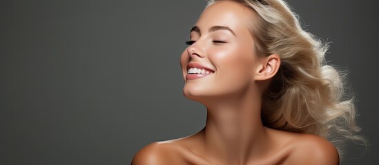 Poster - A young woman, isolated in a white background, poses for a portrait. In the spa, her health and beauty are prioritized as she relaxes with a smile on her face. Her makeup is flawless, captured by the