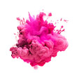 Powerful explosion of pink holi powder on transparent background. Saturate pink smoke paint explosion, fume powder splash, motion of liquid ink in water.