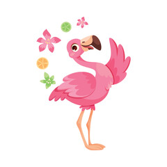 Poster - Pink Flamingo Character with Long Neck and Legs Standing with Flowers Vector Illustration