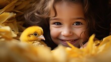 Young Girl Playing Peek-a-boo With A Tiny Chick, Both Of Them Beaming With Joy