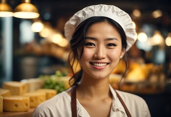 Sticker - charming beautiful white women wearing cheese maker chef hat, cheese on the background