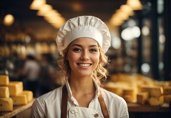 Sticker - charming beautiful white women wearing cheese maker chef hat, cheese on the background