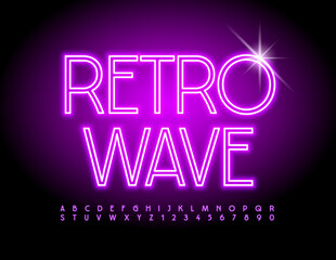 Wall Mural - Vector neon Emblem Retro Wave. Bright Glowing Font. Electric Alphabet Letters, Numbers and Symbols.