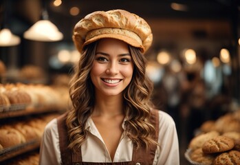 Wall Mural - charming beautiful western women wearing bread maker costume and hat, bread and cookie on the background