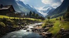 An Image Of A Mountain Village With A Meandering Mountain Stream