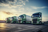 Fototapeta  - Row of green semi trucks parked in sequence, showcasing eco-friendly transport. Symbolizing a shift toward sustainable logistics