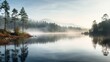 an image of a peaceful freshwater lake with a misty morning haze