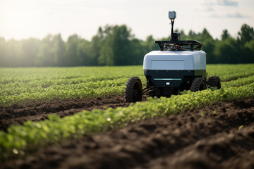 Aufkleber - Autonomous wheeled robot is working in an agricultural field. Using artificial intelligence on a smart farm