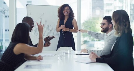 Wall Mural - Presentation, business woman and meeting or question, feedback and faq for growth in company. Female person, laugh and communication in boardroom, workshop and discussion or audience engagement