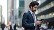 © ArtCookStudio - A man in a suit walking down a busy city street, looking at his phone with skyscrapers in background