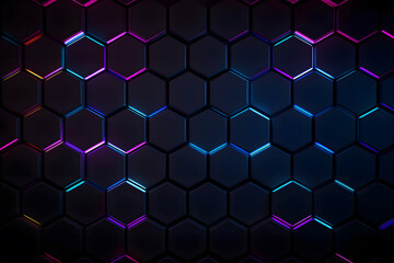 Wall Mural - Neon style dark technology background with hexagons or honeycombs with neon lights behind them