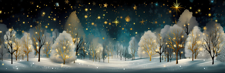 Wall Mural - a winter landscape with gold and white snowflakes, in the style of dark turquoise, luminous 3d objects, dark green, ethereal trees, elegant use of negative space, nightscape