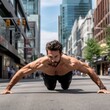 © ArtCookStudio - A man doing push-ups on a city street, with a busy urban setting behind him