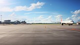 Fototapeta  -  panoramic view of an airport runway with planes parked and in motion