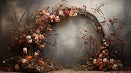 Wall Mural - Floral arch and pink delicate flowers and roses. Photo background for a photo studio in warm gray tones with flowers.