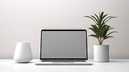 Aufkleber - Front view on blank white laptop display on white table with stylish vase, lamp and smartphone. Mock up. 3D rendering