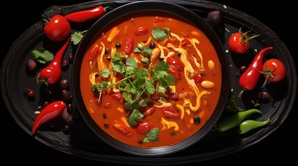 Poster - Mexican tomato, bean, bell pepper soup in black bowl. Top view.