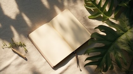 Poster - The shadow of a home plant falls on a blank sheet of an open notebook. A simple concept of planning things, learning, making lists, keeping a diary. Flat lay. Top view. Copy space.