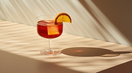 Poster - Martinez alcoholic cocktail drink with red vermouth, liqueur, orange bitter, zest and ice. Light beige background, hard light, shadow pattern. Minimalistic style