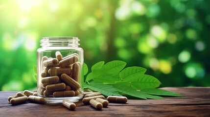 Poster - Herbal medicine in capsules from moringa leaf on rustic wooden table with copy space for medical background, healthy eating with natural product for good living