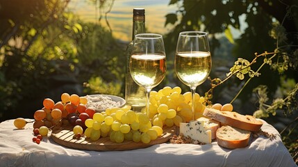 Poster - Picnic with glasses of white wine on a vineyard. Two glasses of white wine, cheese, bread, grape, berries, melon.