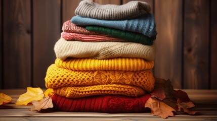 Poster - Pile of knitted winter clothes on wooden background covered with autumn leaves, knitwear, space for text. Stack of knitted sweaters and cardigans.