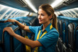 Woman flight attendant or air hostess placing travel bag in overhead baggage locker while standing in airplane passenger salon,