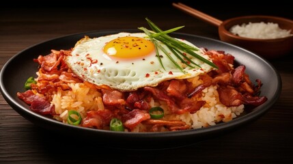 Poster - Kimchi fried rice with fried egg and bacon. Korean food
