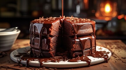 Aufkleber - Chocolate cake. Pouring chocolate glaze on cake. Homemade chocolate cake on cake stand, home baking concept.