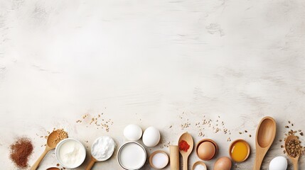 Poster - Cooking And Baking Ingredients Utensils On White Concrete Background. Kitchen Food Frame. Eggs Sugar Milk Whisker Rolling Pin And Measuring Spoons With Spices