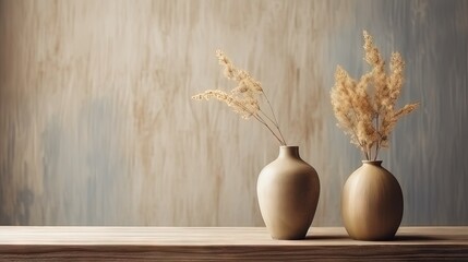 Poster - Vases with bouquet of dry flowers on wooden table. Minimalist in cafe interior design. Kinfolk or scandinavian style. Cozy design.