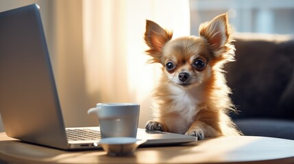 Poster - Home office concept. Designated work from home area in living room. Modern laptop and cup of hot beverage on wooden table. Adorable doggy sitting alone on the couch. Close up, copy space, background.