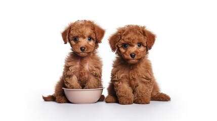 Poster - Feed. Two cute curly red-brown poodles, liitle dogs eating from bowl isolated over white studio background. Pet look healthy and groomed. Concept of animal care, vet, fashion, active lifestyle.