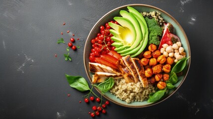 Poster - Healthy vegetable buddha bowl lunch with grilled chicken and quinoa, spinach, avocado, brussels sprouts, red paprika and chickpea on gray background. Top view.
