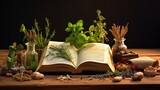 Fototapeta  - The natural medicine. Herbs, medicines and old book as copy space for your text