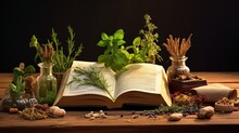 The Natural Medicine. Herbs, Medicines And Old Book As Copy Space For Your Text