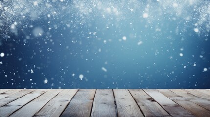 Canvas Print - snow background light floor cold empty blue wooden space white table xmas top counter plank season wood card january frost falling concept - stock image