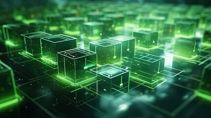 Green components integrating into action. Green technology concept abstract. Green cubes floating in formation. Shallow depth of field. 3D illustration, 3D rendering.