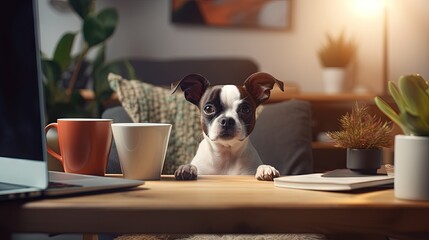 Aufkleber - Home office concept. Designated work from home area in living room. Modern laptop and cup of hot beverage on wooden table. Adorable doggy sitting alone on the couch. Close up, copy space, background.