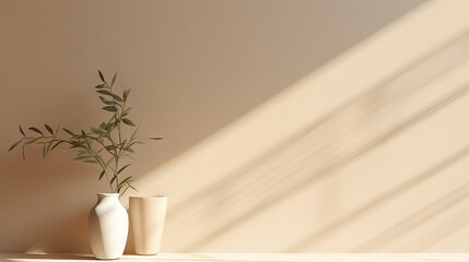 Poster - Minimalistic abstract gentle light beige background for product presentation with light andand intricate shadow from the window and vegetation on wall.