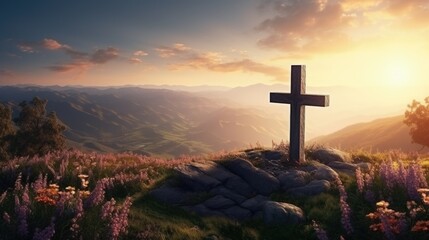 Poster - Easter and Good Friday concept, Empty tombstone with cross on mountain sunrise background