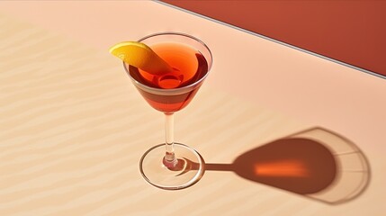 Poster - Martinez alcoholic cocktail drink with red vermouth, liqueur, orange bitter, zest and ice. Light beige background, hard light, shadow pattern. Minimalistic style