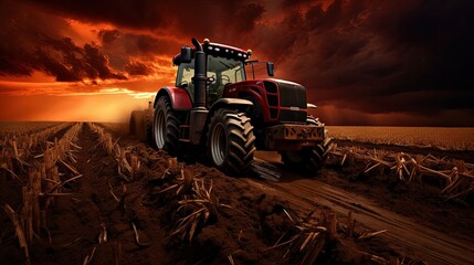 Poster - the tractor plows the field against a dramatic sunset