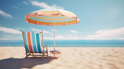 Aufkleber - Beach umbrella with chairs, inflatable ring on beach sand. summer vacation concept. 3d rendering