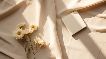 Poster - Elegant minimalist business brand template, empty paper card and envelope with floral sunlight shadows on a neutral beige textile background, aesthetic mock up, flat lay with copy space