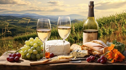 Poster - Picnic with glasses of white wine on a vineyard. Two glasses of white wine, cheese, bread, grape, berries, melon.