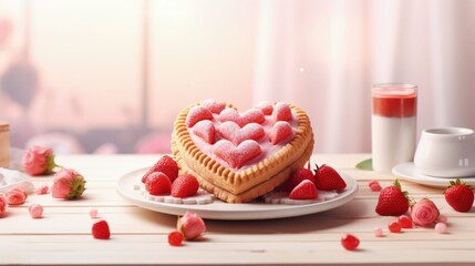 Aufkleber - Stand and heart-shaped plate with sweet strawberry pie and cookie hearts for Valentine's day on white table